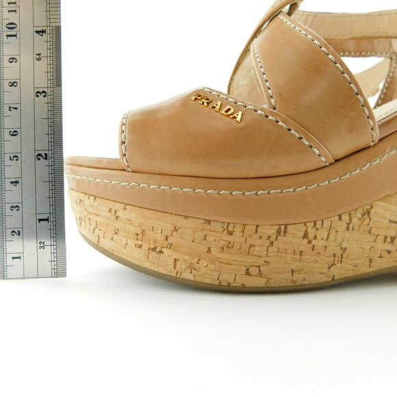 PRADA Logo Tan Brown Leather Crisscross Cork Wedge Sling Heel Sandals 37 - Picture 9 of 11